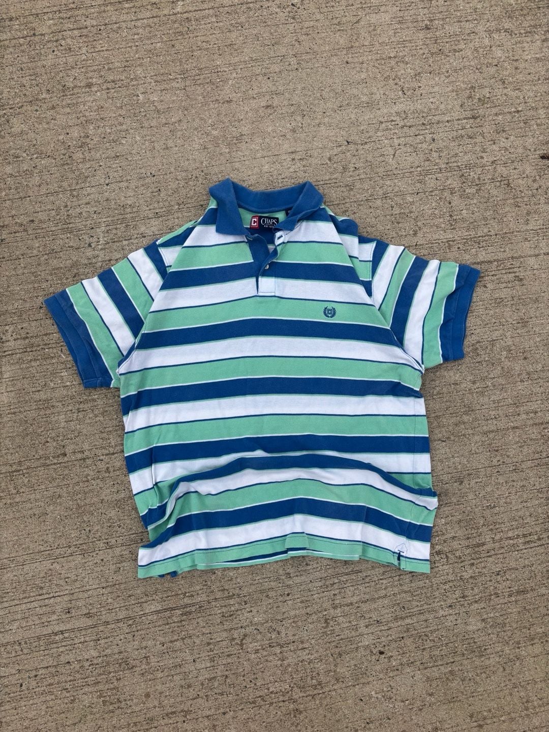 Chaps Men's Striped Polo Shirt Blue And Green Crest Logo Short Sleeve
